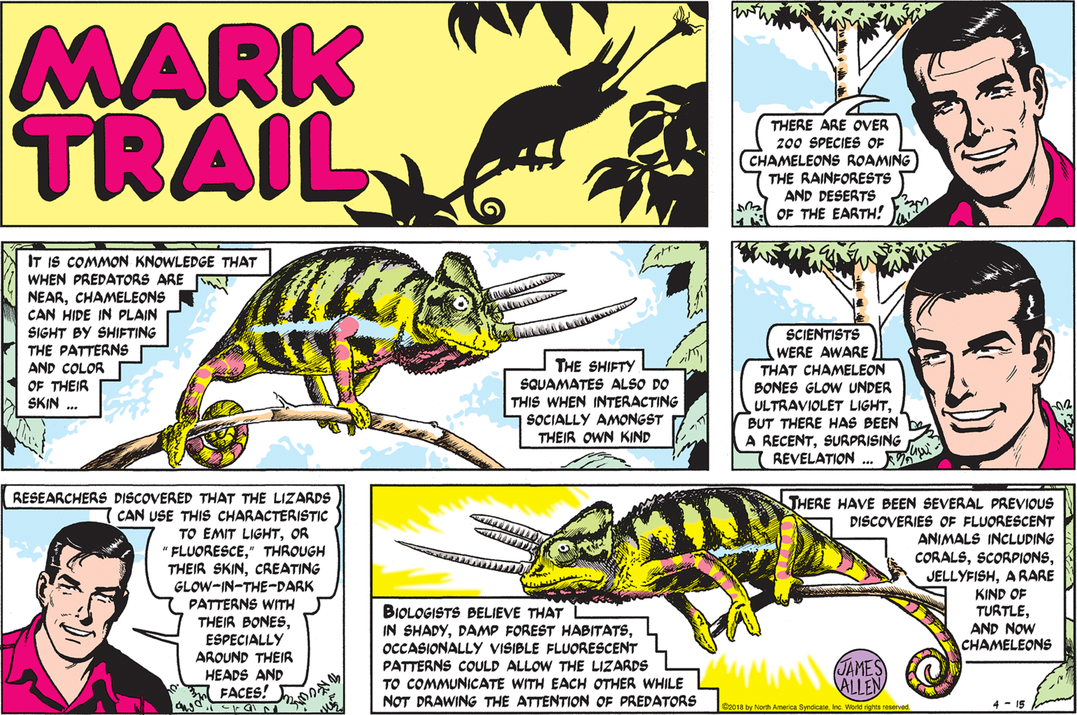 James Allen-era Mark Trail Sunday strip, April 15, 2018 — chameleon fluorescence, full color
