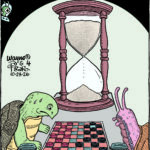 Bizarro comic: a turtle and a snail play checkers beneath a huge hourglass, with coffee cups beside them.