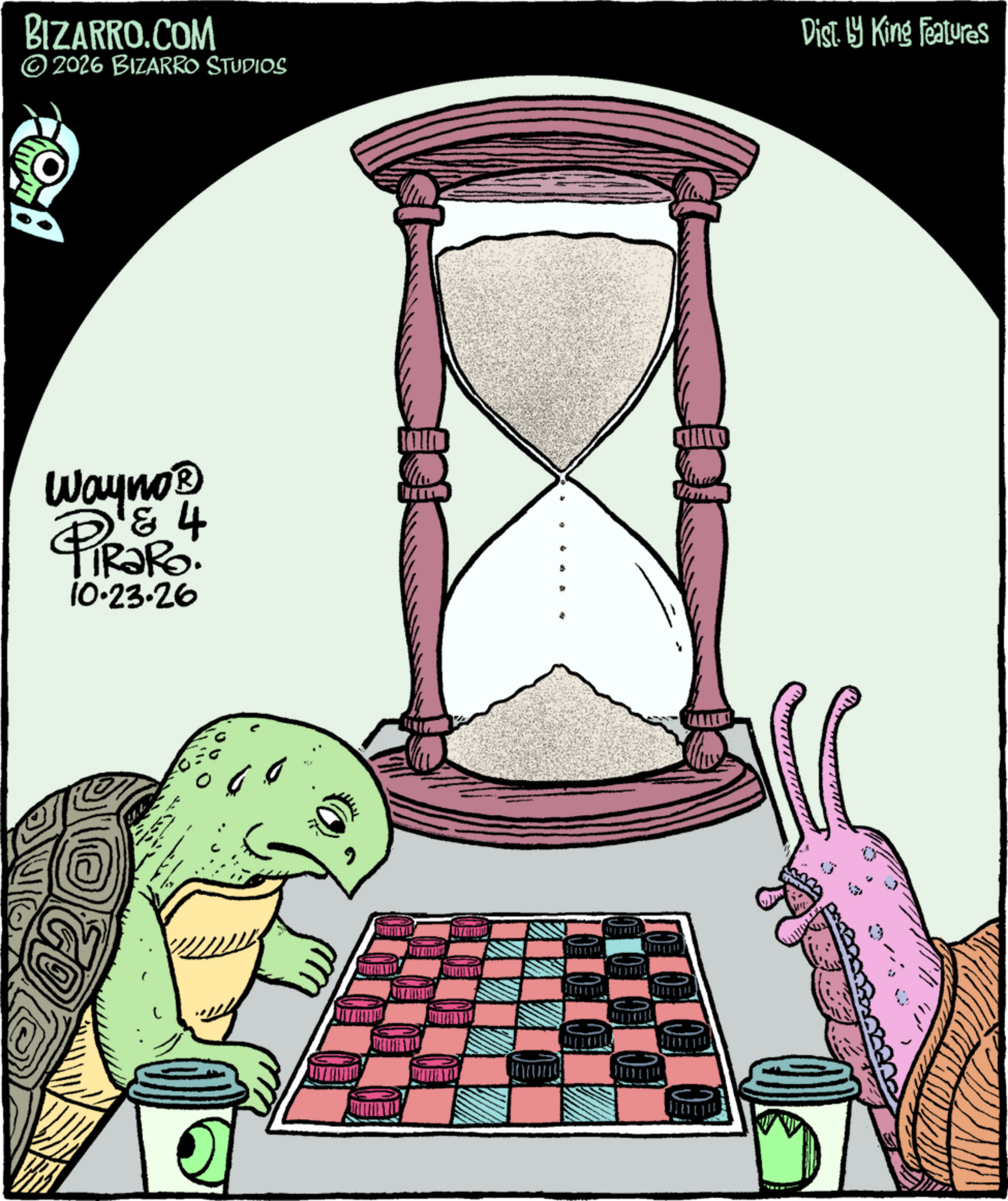 Bizarro single-panel comic: a turtle and a snail play checkers with coffee cups beside them while an enormous hourglass towers over the table.