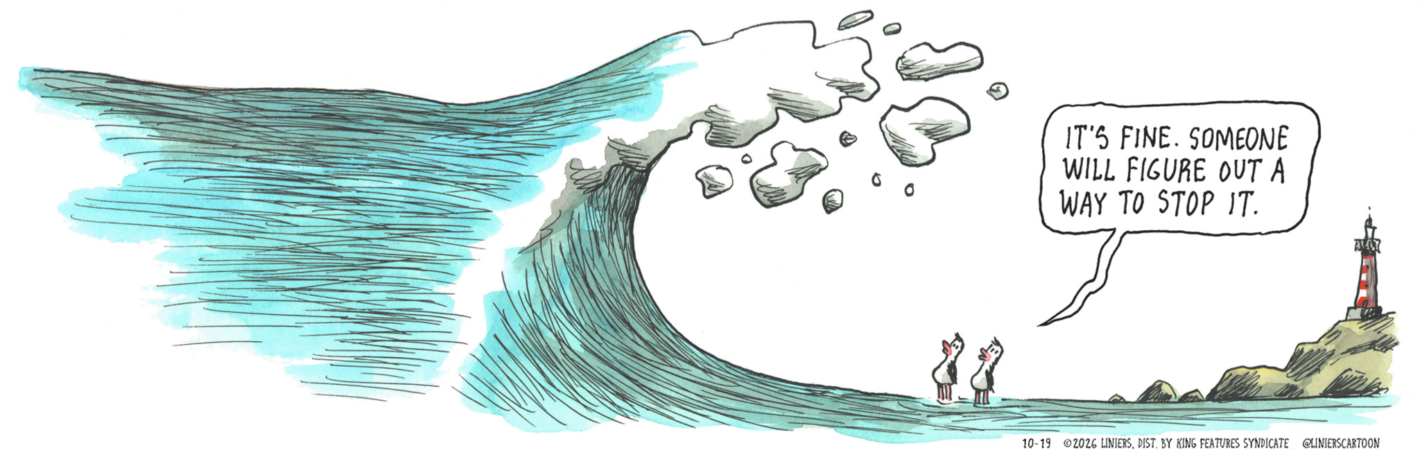 Two tiny figures stand on a beach beneath a towering curling blue wave; a lighthouse is visible on the distant shore.