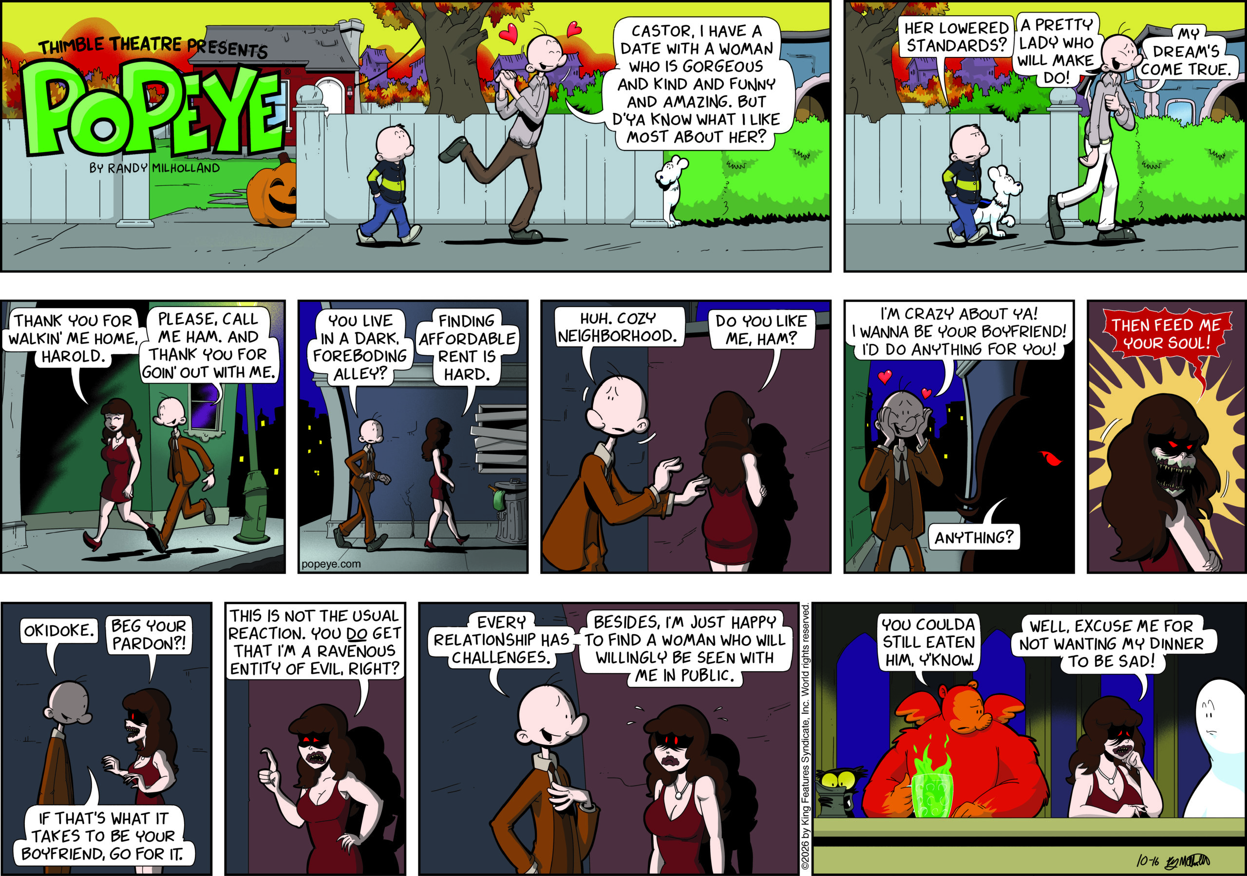 Popeye Sunday strip: Ham Gravy remains delighted as his date reveals her monstrous form; she later complains to fellow monsters at a bar.